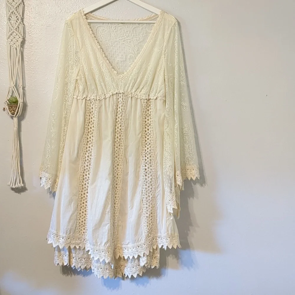 Free People Cream Lace Boho Bell Sleeve Dress